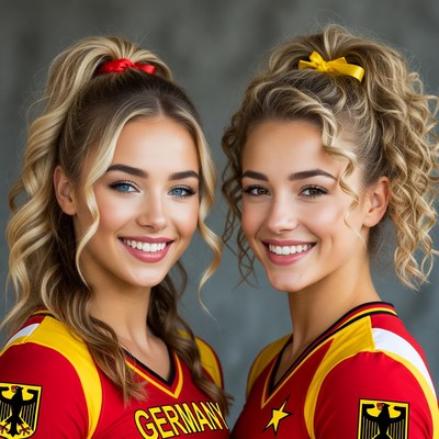 Two blonde women in German cheerleader uniforms