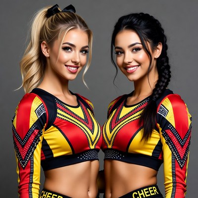 Two smiling cheerleaders in black and yellow uniforms
