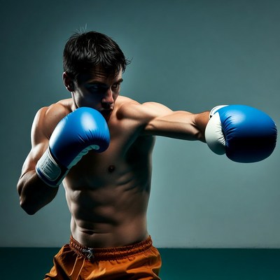 Muscular man boxing in blue gloves
