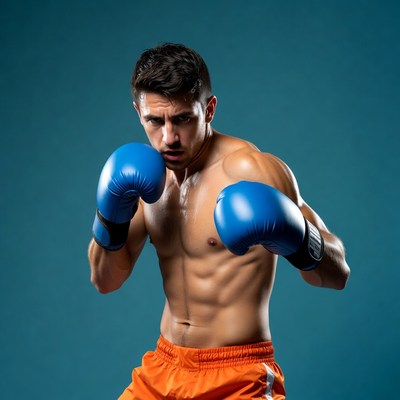 Muscular man boxing with blue gloves