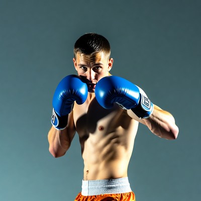 Young man boxing with blue gloves