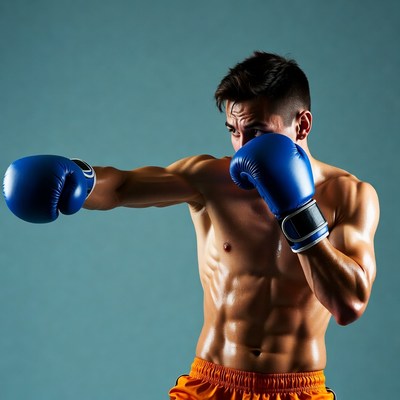 Muscular man boxing with blue gloves