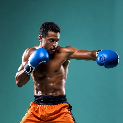 African-American man boxing in blue gloves