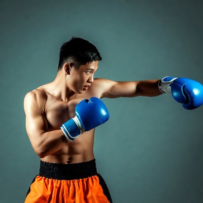Asian man boxing with blue gloves