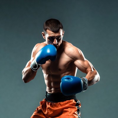 Muscular man boxing with blue gloves