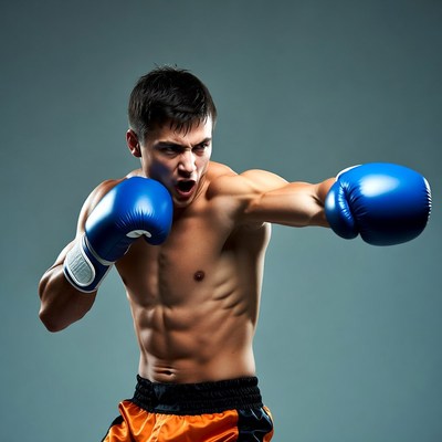 Muscular man punching in boxing gloves