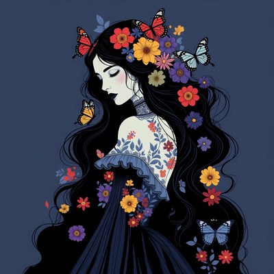 Woman with flowers and butterflies in hair