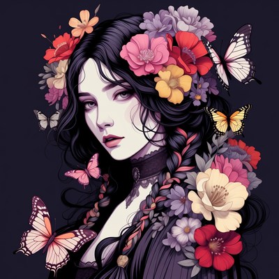 Woman with flowers and butterflies
