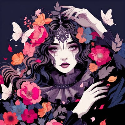 Gothic woman with flowers and butterflies