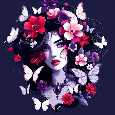 Woman with flowers and butterflies