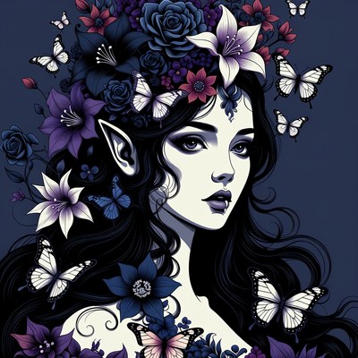 Elf woman with flowers and butterflies