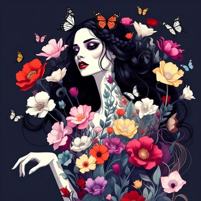 Woman surrounded by butterflies and flowers