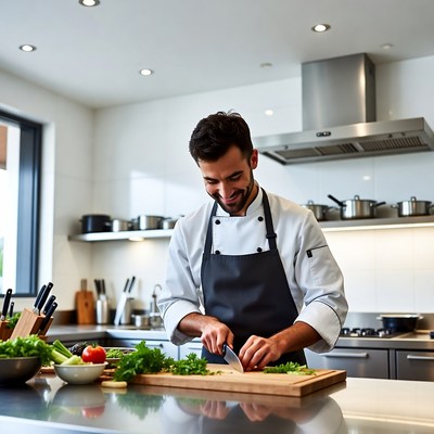 Chef chopping vegetables in kitchen