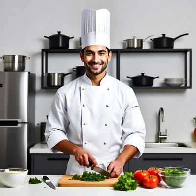 Chef chopping vegetables in kitchen