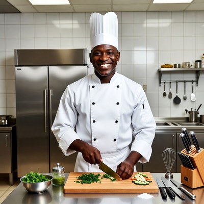 African-American chef chopping vegetables
