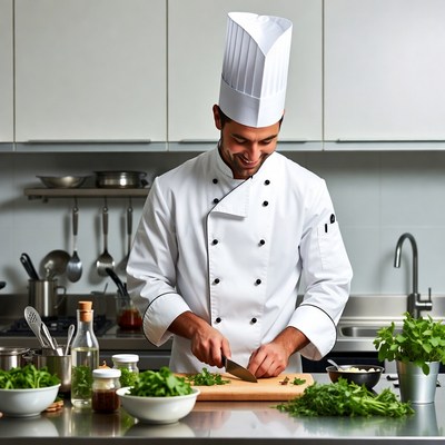 Chef chopping herbs in kitchen