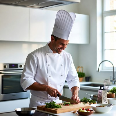 Chef chopping vegetables in kitchen