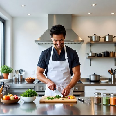 Man chopping vegetables in kitchen