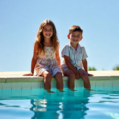 Brother and sister sitting on pool edge