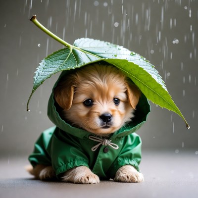 Puppy in green raincoat under leaf umbrella