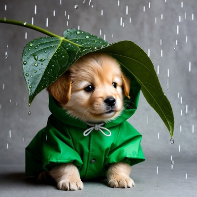 Golden Retriever Puppy in Green Raincoat
