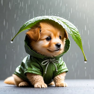Puppy with leaf umbrella in rain