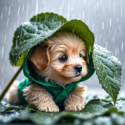 Puppy under green leaf in rain
