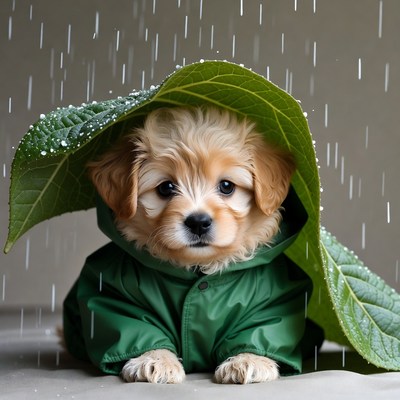 Puppy under leaf in raincoat