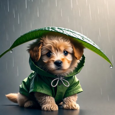 Puppy with leaf umbrella in rain