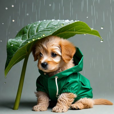 Puppy in green raincoat under leaf