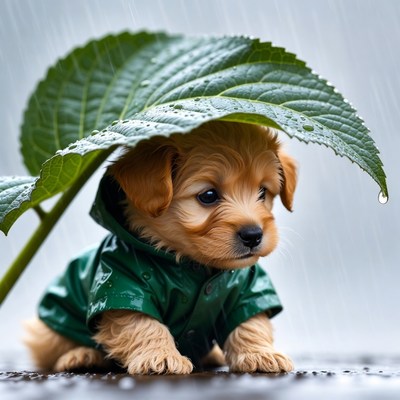 Puppy in Raincoat Under Large Leaf