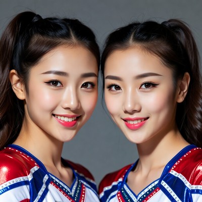 Twin Asian cheerleaders smiling
