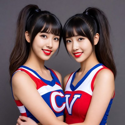 Twin Asian girls in cheerleader uniforms