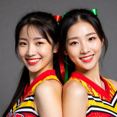 Two Asian girls in cheerleader uniforms
