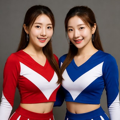 Two Asian women in red blue cheerleader uniforms