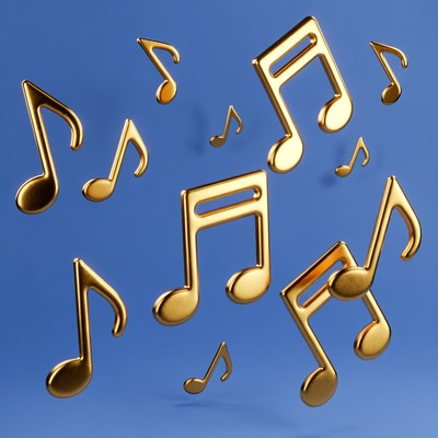 Golden Music Notes Floating on Blue
