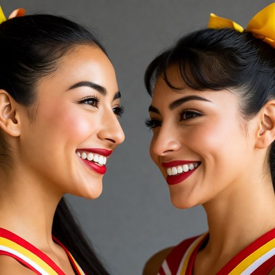 Two Asian cheerleaders smiling face-to-face