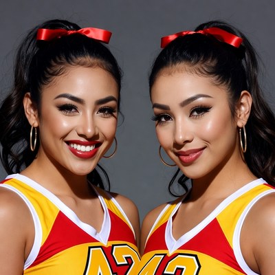 Twin Latina cheerleaders in yellow uniforms