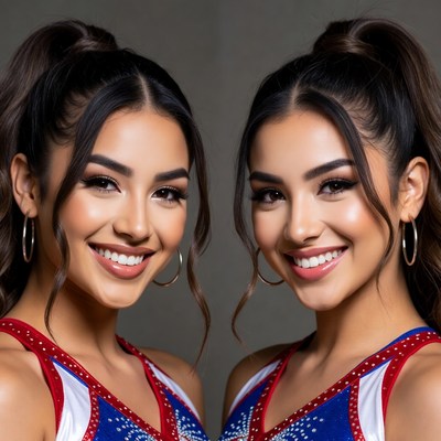 Twin cheerleaders smiling in uniform
