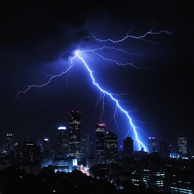 Lightning striking city skyline at night