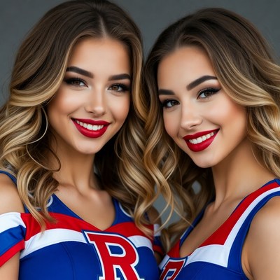Two smiling cheerleaders in red uniforms