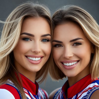 Two smiling blonde women in cheer uniforms