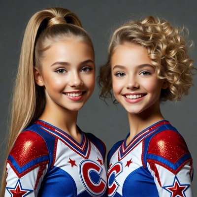 Two girls in cheerleader uniforms smiling