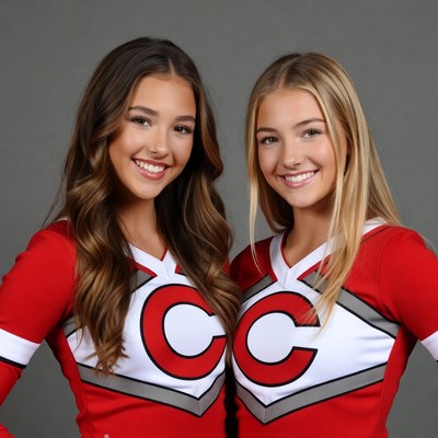 Two smiling cheerleaders in red uniforms