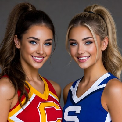 Two cheerleaders smiling together