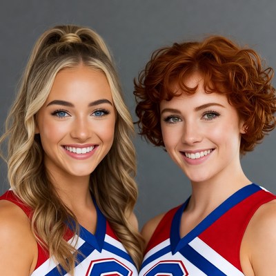 Two smiling cheerleaders in red white uniforms