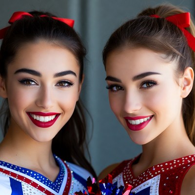 Two smiling cheerleaders with pom poms