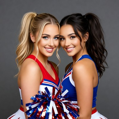 Two smiling cheerleaders with pom poms