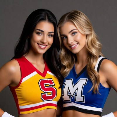 Two cheerleaders in red-yellow and blue uniforms