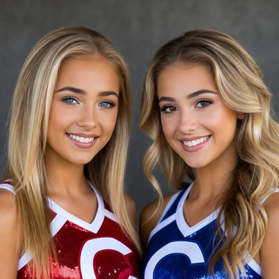 Twin cheerleaders in red blue uniforms